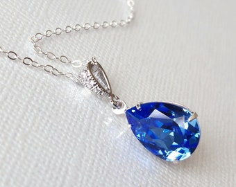 Blue Teardrop Crystal Necklace, Sapphire Blue Silver Pendant, Blue Wedding Bridal Necklace, Sapphire Bridesmaids Jewelry, Blue Women Pendant