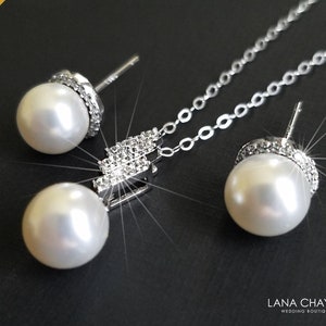 Parel sterlingzilveren sieradenset, witte parel oorbellen kettingset, witte parel CZ oorbellen, bruiloft parelketting, bruidssieradenset