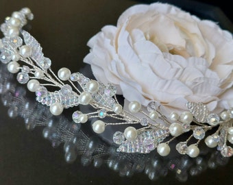 Pearl Crystal Leaves Hair Piece, Wedding Pearl Crystal Leaf Headpiece, White Pearl Bridal Hair Jewelry, Side Hair Piece, Hair Accessories