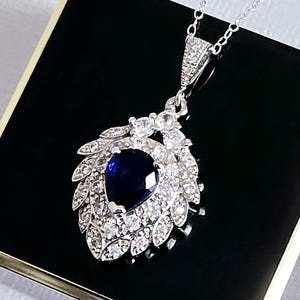 Navy Blue Crystal Necklace, Blue Sapphire Halo Wedding Necklace, Dark Blue CZ Bridal Pendant, Navy Blue Bridal Jewelry, Blue Wedding Pendant