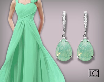 Mint Green Earrings, Swarovski Green Opal Crystal Earrings, Mint Green Teardrop Wedding Earrings, Pastel Green Earrings, Bridesmaids Jewelry