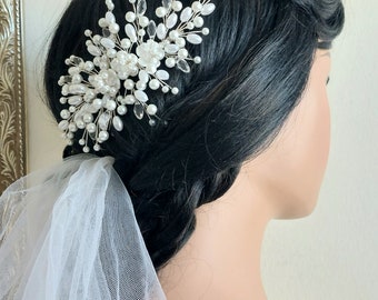 Pearl Crystal Bridal Hair Comb, White Pearl Silver Hair Piece, Pearl Side Wedding Hair Comb, Wedding Hair Accessories Bridal Pearl Headpiece