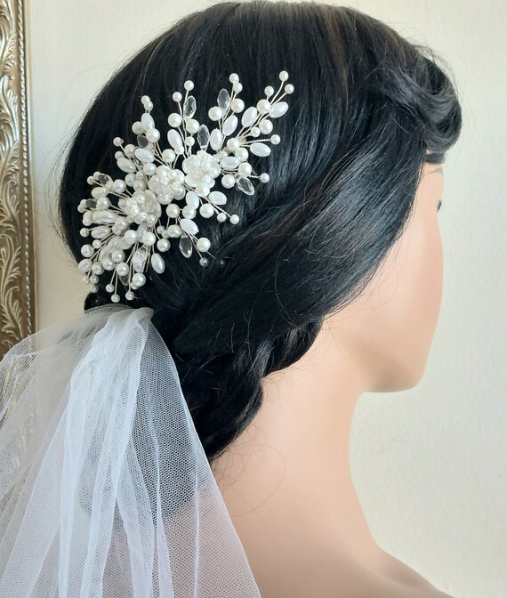 Pearl Crystal Bridal Hair Comb, White Pearl Silver Hair  display picture 1