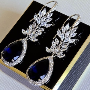 Navy Blue Wedding Chandelier Earrings, Blue Teardrop CZ Bridal Earrings, Blue Crystal Dangle Earrings, Navy Blue CZ Wedding Bridal Jewelry