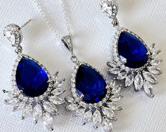 Marineblauwe grote druppel kristalzilver CZ bruiloft sieraden set, koningsblauwe saffier oorbellen ketting set, blauwe baljuwelen