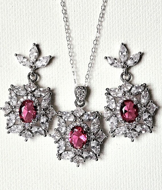 Pink Crystal CZ Wedding Jewelry Set, Rose Pink Halo Bridal Earrings Necklace Sets, Prom Jewelry