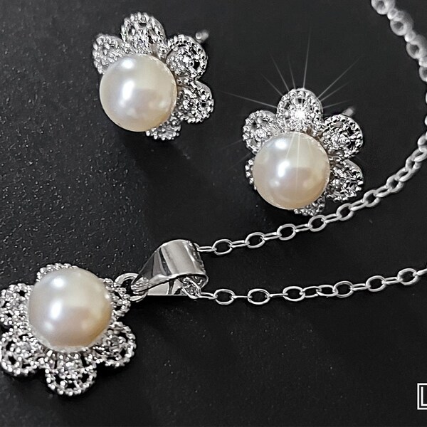 Pearl Bridal Jewelry Set, Ivory Pearl Silver Dainty Earrings Necklace Set, Small Pearl Flower Earring Studs, Wedding Small Pearl Pendant