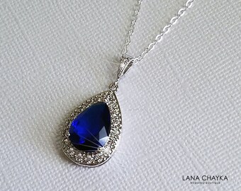 Sapphire Teardrop Bridal Necklace, Navy Blue Silver Wedding Pendant, Royal Blue Necklace, Sapphire Halo Necklace, Navy Blue Bridal Jewelry