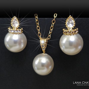 Pearl Gold Bridal Jewelry Set, White Pearl Earrings Necklace Set, Pearl CZ Earring Studs, Pearl Gold Wedding Jewelry Set, Pearl Pendant