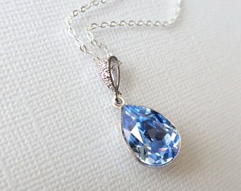 Blue Crystal Necklace, Light Sapphire Teardrop Necklace, Wedding Aqua Blue Silver Pendant, Light Blue Bridal Jewelry, Blue Sapphire Pendant