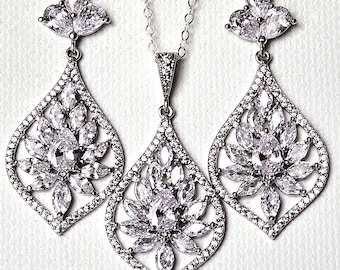 Cubic Zirconia Chandelier Wedding Jewelry Set, Crystal Earrings Necklace Bridal Set, Zirconia Prom Jewelry