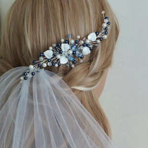 Bridal Navy Blue White Hair Comb, Blue White Pearl Crystal Headpiece, Wedding Side Hair Comb, Bridal Deep Blue White Leaf Hair Accessories