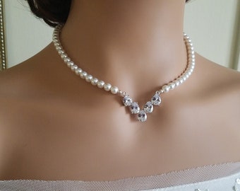 Collier de perles de mariée, collier de mariage en perle blanche, collier de zircone cubique de perles, collier de perles de déclaration, bijoux de noces de mariée