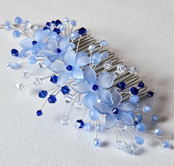 Dusty Blue Crystal Silver Floral Wedding Side Hair Comb  display picture 3
