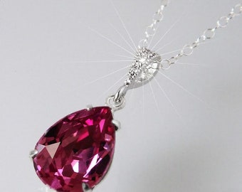 Dark Pink Crystal Necklace, Dark Rose Teardrop Wedding Pendant, Pink Pear Crystal Bridal Necklace, Pink Bridesmaid Pendant, Pink Jewelry