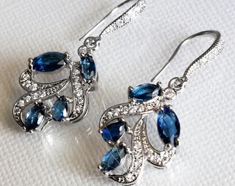 Blue Crystal Wedding Earrings, Denim Blue Dangle Bridal Earrings, 1.33" Long Navy Blue Silver Earrings, Blue Bridal Jewelry, Women Earrings