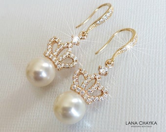 Pearl Gold Bridal Earrings, Ivory Pearl Crown Earrings, Pearl Tiara Gold Wedding Earrings, Bridal Pearl Gold Jewelry, Pearl Tiara Earrings