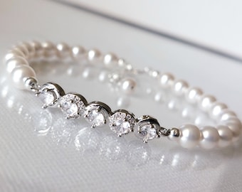 Bracelet de mariée en perles, Bracelet de mariage en argent avec perles blanches, Bracelet de mariée en perles fines, Bijoux de mariée en perles Bracelet de perles blanches et zircone
