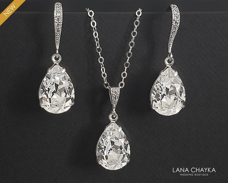 Crystal Bridal Jewelry Set, Clear Crystal Earrings Necklace Set, Teardrop Crystal Jewelry Set, Wedding Bridesmaid Jewelry, Prom Crystal Set image 6