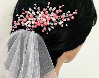 Pettine laterale per capelli da sposa color rosa corallo, gioiello per capelli da sposa da spiaggia, fermaglio per capelli color corallo
