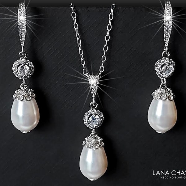 Pearl Bridal Jewelry Set, White Pearl CZ Silver Wedding Set, Teardrop Pearl Chandelier Earrings, White Pearl Pendant, Pearl Bridal Jewelry