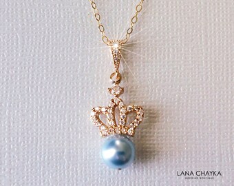 Blue Pearl Gold Crown Bridal Pendant, Light Blue Pearl Gold Necklace, Blush Blue Pearl Tiara Pendant, Blue Wedding Necklace, Blue Jewelry