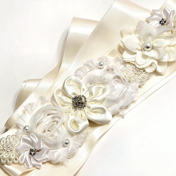 Ivory Floral Wedding Dress Sash, 104.4"Bridal Satin Rustic Embellished Gown Belt