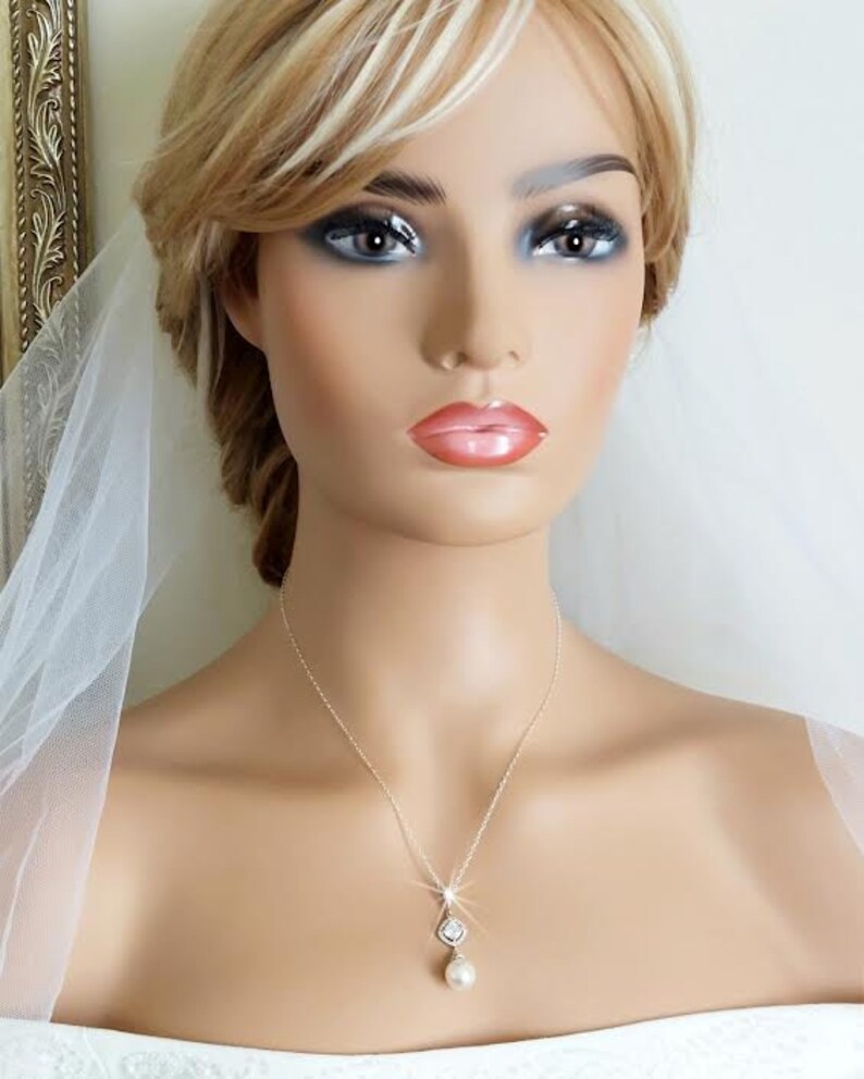 Pearl Bridal Jewelry Set, White Pearl Wedding Earrings Necklace Set, Pearl Chandelier Earrings, White Pearl Pendant, Wedding Pearl Jewelry image 7