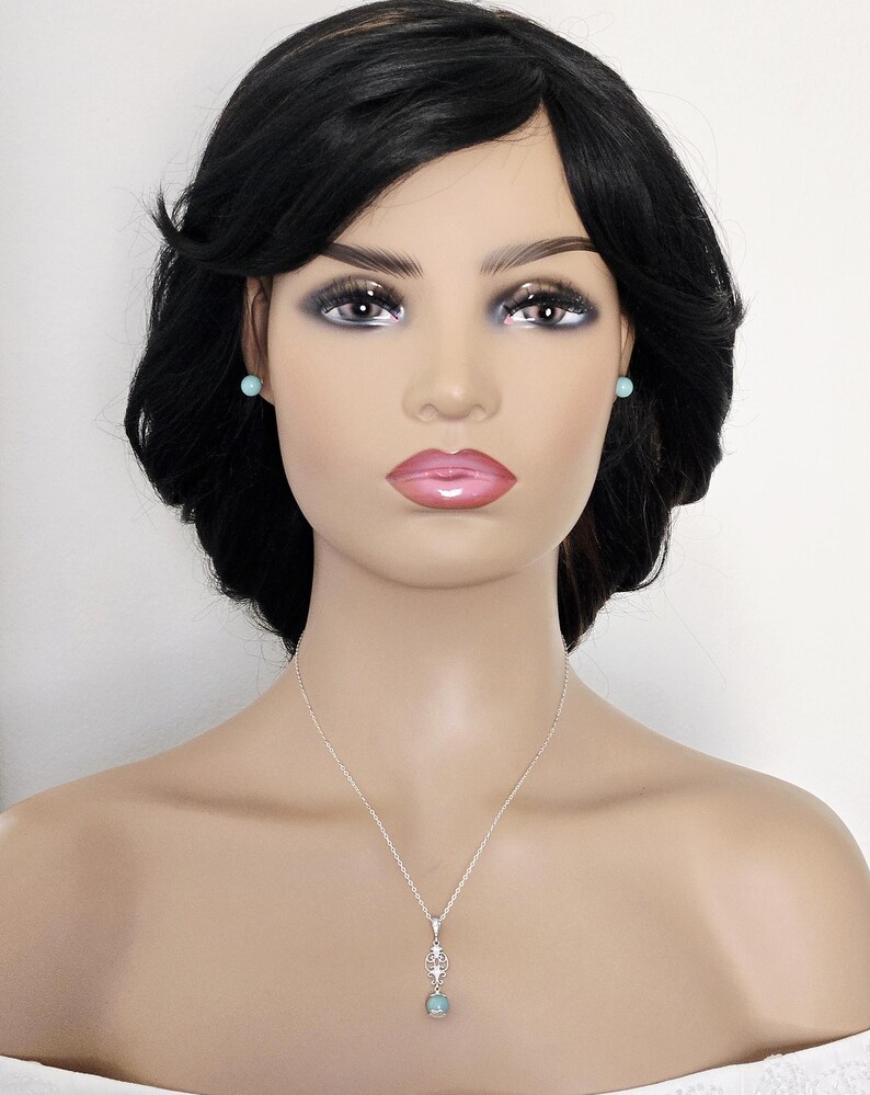 Jade Mint Pearl Silver Earrings Necklace Set, Aqua Green Pearls Studs, Jade Women Jewelry image 10