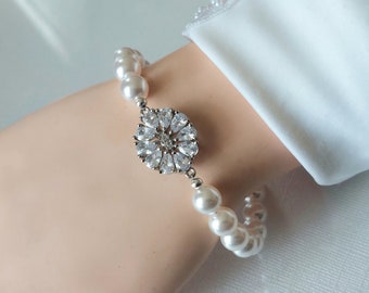 Pearl Bridal Bracelet, White Pearl Cubic Zircon Bracelet