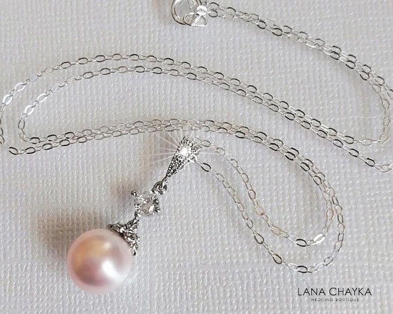 Pink Pearl Wedding Necklace, Blush Pink Pearl Pendant, Wedding Light Pink Necklace, Pink Pearl Drop Necklace, Blush Pink Wedding Jewelry image 5