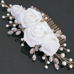 White Floral Gold Wedding Hair Comb, White Pearl Crystal Bridal Hair Piece, Wedding Headpiece, Wedding Side Hair Comb, Bridal Hair Accessory