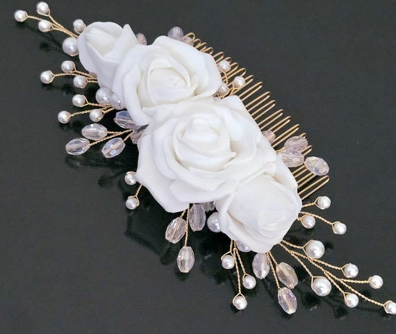 White Floral Gold Wedding Hair Comb, White Pearl Crystal  display picture 1