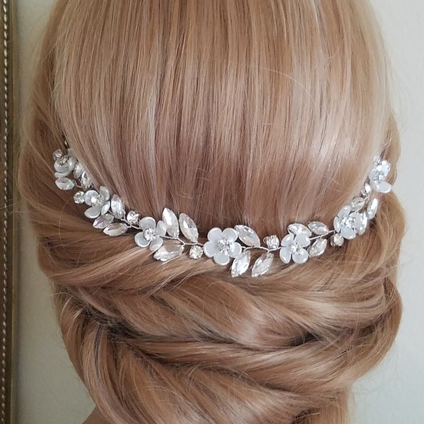 Pièce de cheveux de mariée en cristal, Vigne de cheveux en cristal de mariage, Pièce de tête florale, Bandeau étincelant, Bijoux de cheveux de mariée, Vigne de cheveux en argent de strass