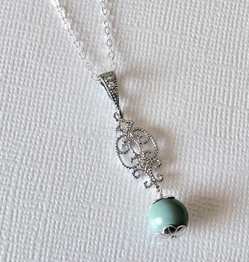 Jade Mint Pearl Silver Earrings Necklace Set, Aqua Green Pearls Studs, Jade Women Jewelry image 5