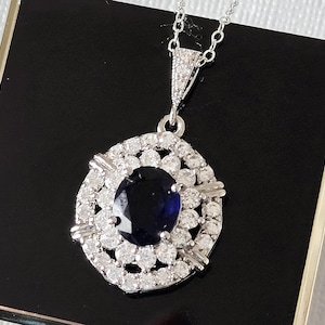 Navy Blue Halo Crystal Necklace, Blue Silver CZ Wedding Pendant, Dark Blue Zirconia Oval Bridal Necklace, Navy Blue Wedding Bridal Jewelry