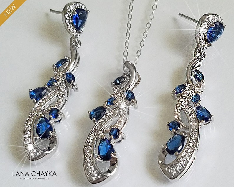 Navy Blue Bridal Jewelry Set Blue Zirconia Earrings Necklace Etsy