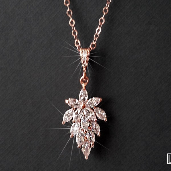 Leaf Cluster Rose Gold Necklace, Marquise Crystal Necklace, Wedding Rose Gold Jewelry, Floral Cubic Zircon Bridal Pendant, Bridal Party Gift