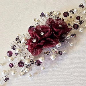 Peigne à cheveux de côté mariage bordeaux bordeaux, postiche de mariée floral blanc vin pourpre, accessoire de cheveux pour bal de promo