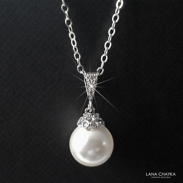 White Pearl Bridal Necklace, White Pearl Drop Silver Necklace, Single Pearl Wedding Necklace, Bridal Pearl Jewelry, Wedding Pearl Pendant