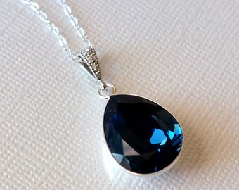 Navy Blue Crystal Necklace, Montana Teardrop Crystal Necklace, Dark Blue Silver Wedding Pendant, Deep Blue Wedding Jewelry, Bridal Pendant