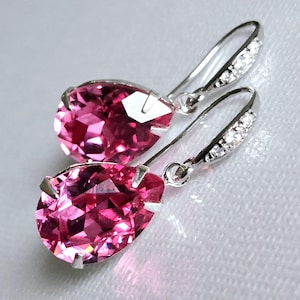 Pink Crystal Earrings, Dark Pink Teardrop Silver Earrings, Wedding Bridesmaid Pink Earrings, Rose Pink Dangle Earrings, Pink Prom Jewelry