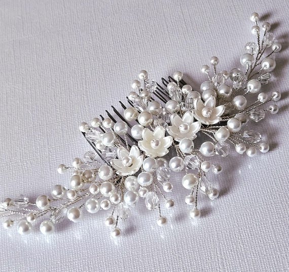 Pearl & Crystal Bridal Hair Comb - White Crystal Pearl Bridal Hair Comb, White Pearl Crystal Hair  main image 4