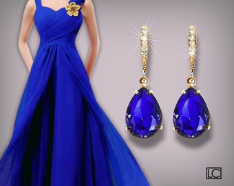 Blue Crystal Earrings, Swarovski Majestic Blue Teardrop Earrings, Cobalt Gold Earrings, Sapphire Bridesmaid Jewelry Royal Blue Prom Earrings
