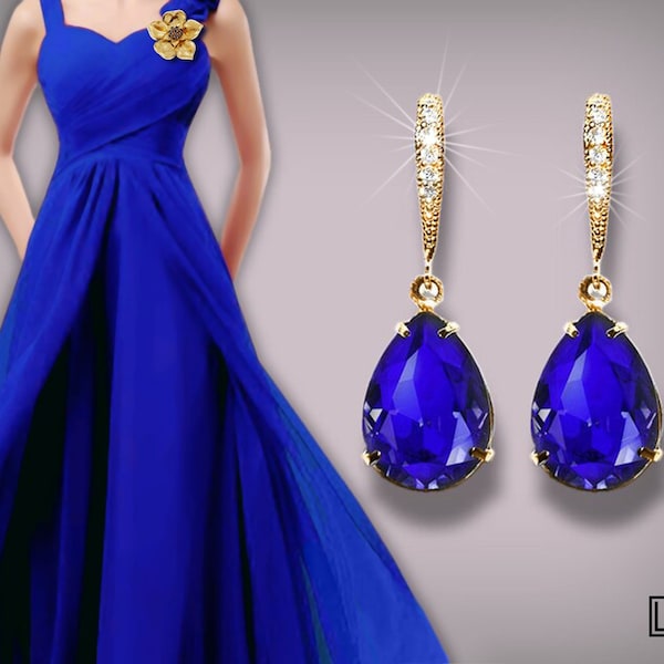 Blue Crystal Earrings, Swarovski Majestic Blue Teardrop Earrings, Cobalt Gold Earrings, Sapphire Bridesmaid Jewelry Royal Blue Prom Earrings