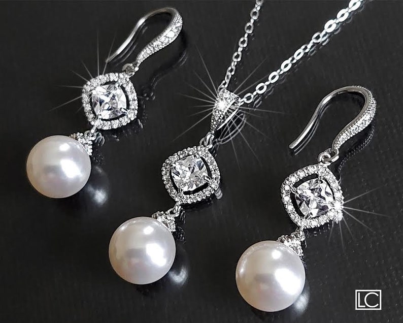 Pearl Bridal Jewelry Set, White Pearl Wedding Earrings Necklace Set, Pearl Chandelier Earrings, White Pearl Pendant, Wedding Pearl Jewelry image 6