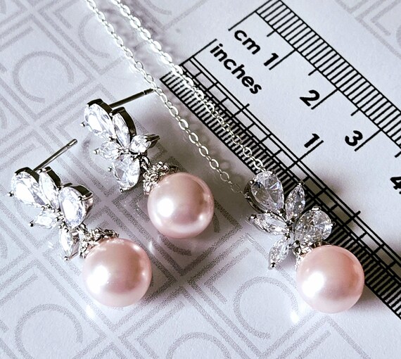 Parure de bijoux de mariée perle rose poudré, bijoux de mariage