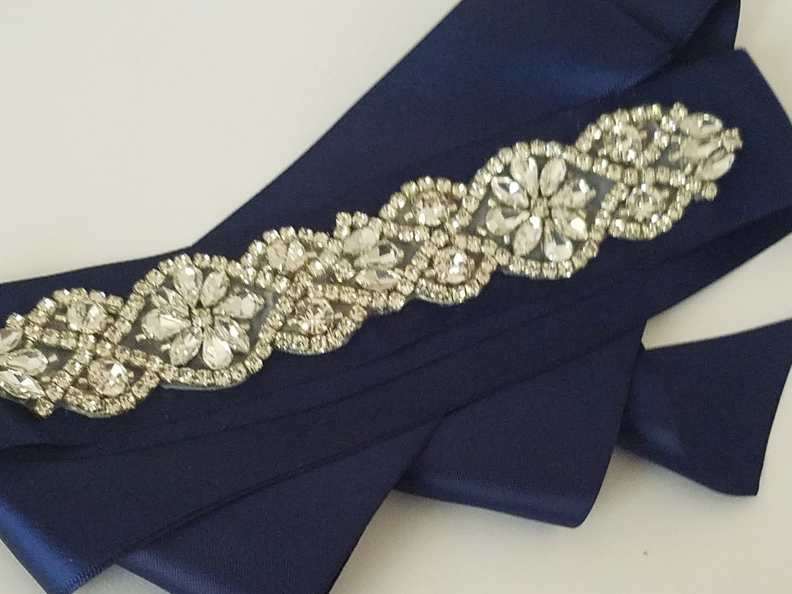 Navy Blue Crystal Wedding Sash Bridal Dark Blue Dress Sash | Etsy