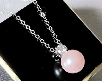 Blush Pink Single Pearl Sterling Silver CZ Bridal Necklace, Light Pink Wedding Prom Minimalist Pendant, Pink Pearl Jewelry