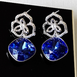 Blue Crystal Earrings, Royal Blue Cushion Cut Earrings, Cobalt Blue Wedding Bridal Earrings, Sapphire Blue Earring Studs, Blue Prom Earrings